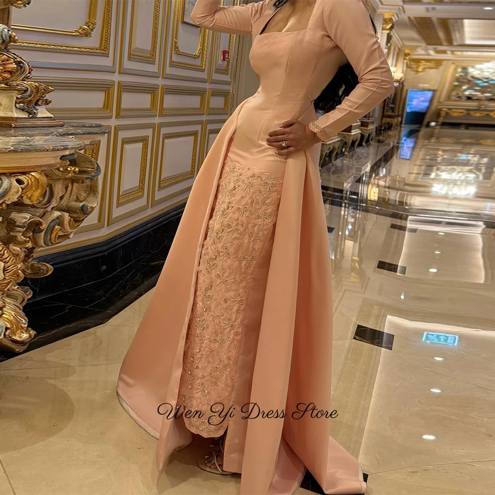 Customized Square Collar Long Sleeves Party Gowns Pink Satin Evening Dress Elegant Panel Train Crystal Beading Prom Dresses