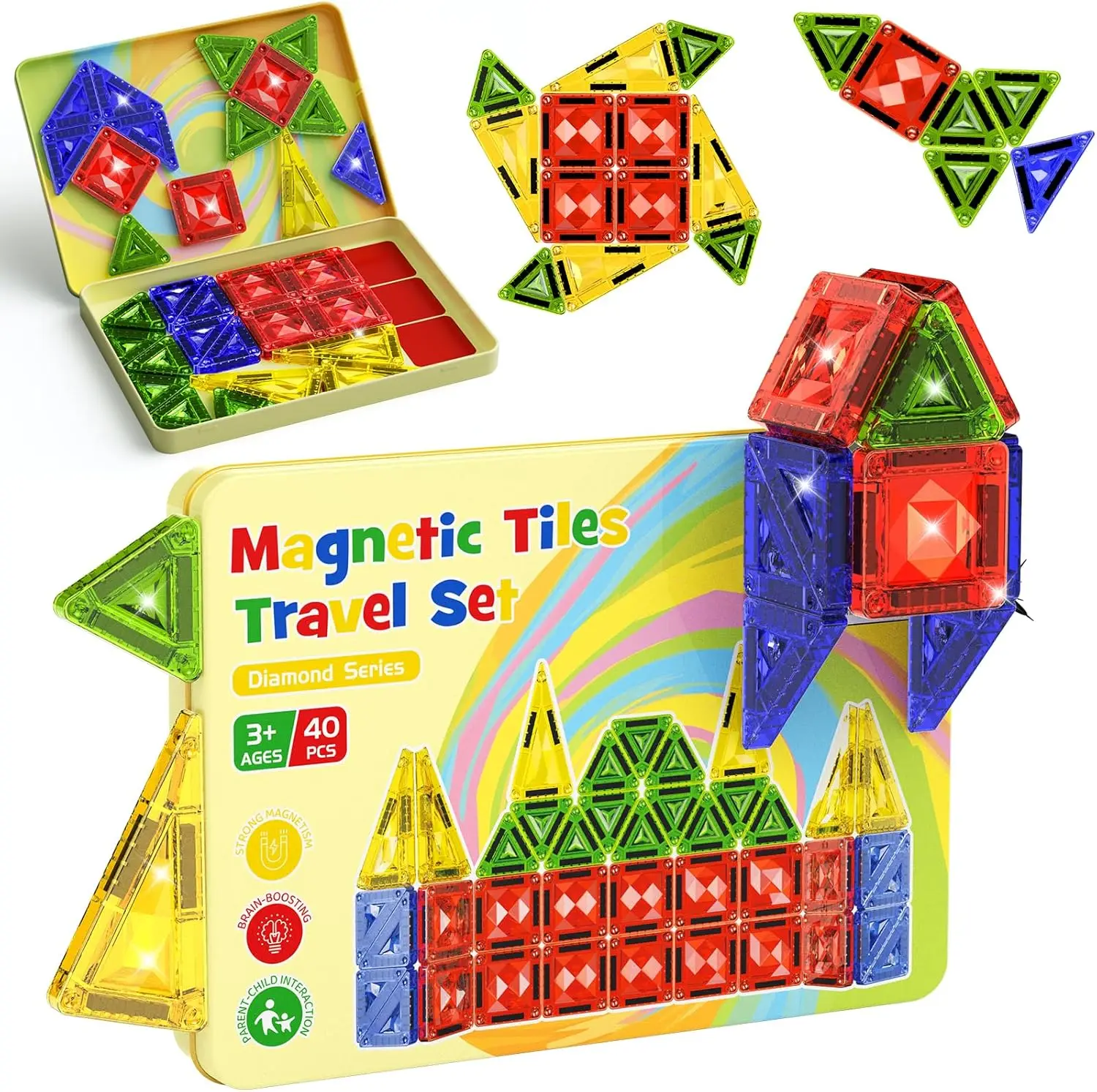 

40PCS Magnetic Building Blocks with Storage Box, Portable Travel Toys for Ages 3-8