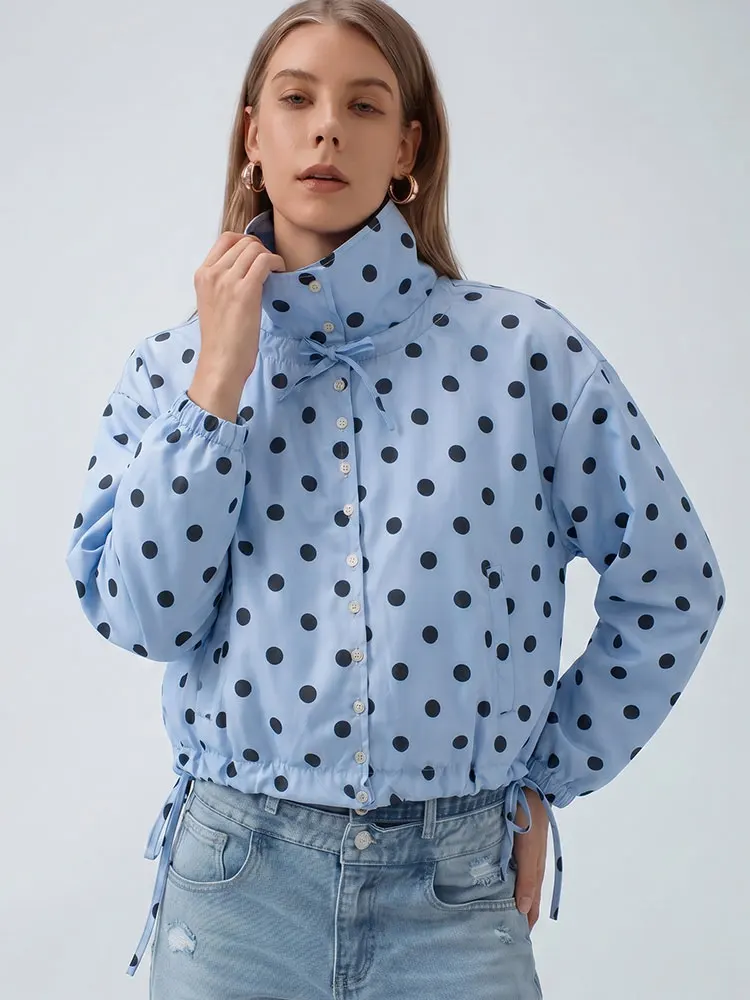 HH Fashion Damen-Jacke mit Kordelzug am Saum, gepunktet, lässig, für Party, Urlaub, einreihiger Mantel, Stehkragen, lange Ärmel, Oberbekleidung
