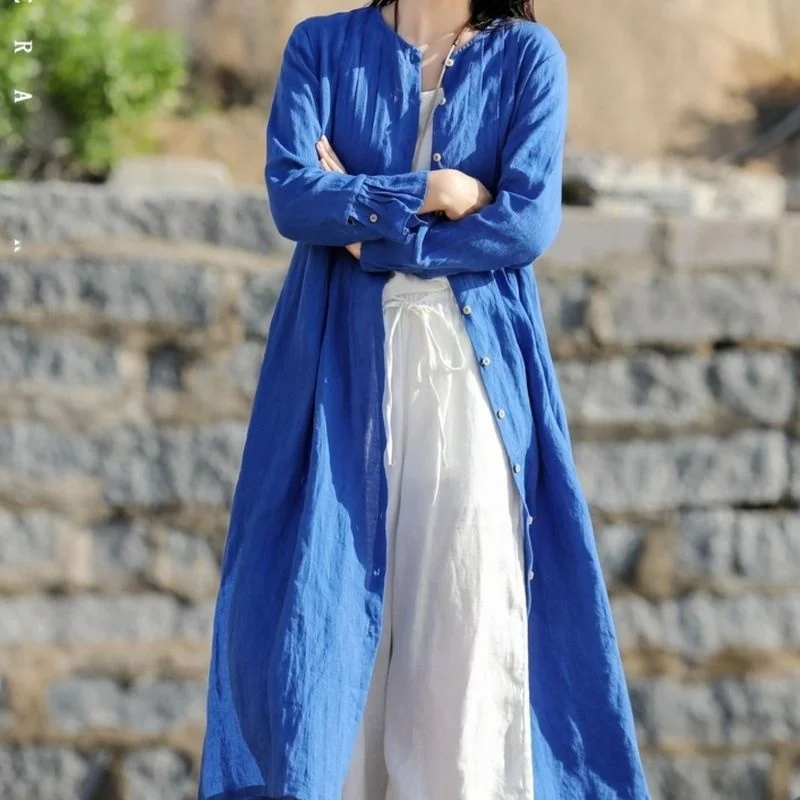 

Элегантная женская льняная блузка-пальто средней длины больших размеров для весны и осени, новая коллекция, модная женская одежда