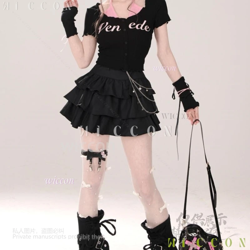 Черная юбка в стиле аниме 2025 Y2k Jirai Kei для девочек, готическая корейская одежда средней длины, короткая юбка, универсальная милая пышная юбка, высокое платье-u