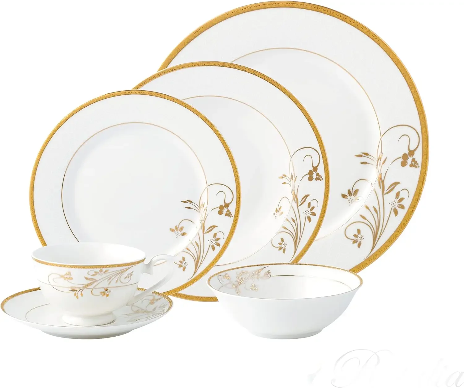 Lorren Home Trends La Luna Bone China 57-Piece 24K Gold Floral Design Dinnerware Set, Service for 8