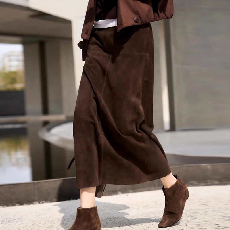 Gonne in pelle scamosciata di pelle di pecora importata per donna Autunno Inverno Gonne lunghe in vera pelle vintage a vita alta con pacchetto a trapezio