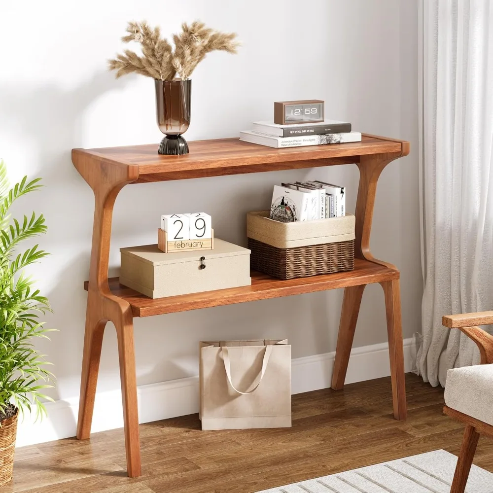 Narrow end table in living room, 2-layer ultra-thin sofa side table with solid wood legs, bedside table with storage rack image 4