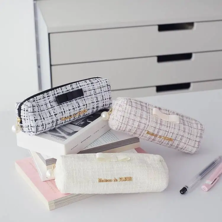 Japanese New Sweet and Cute Bow Pearl Pencil Pouch Storage Bag for Women