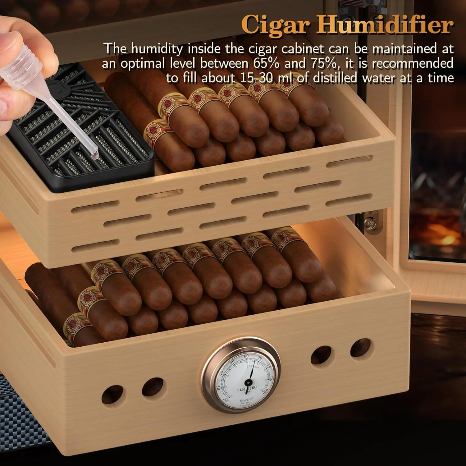 Cigar Humidor, with Cigar Accessory Drawer and 2 Humidifiers, Lighted Control Magnetic Door Desktop Cigar Humidor Cabinet image 5