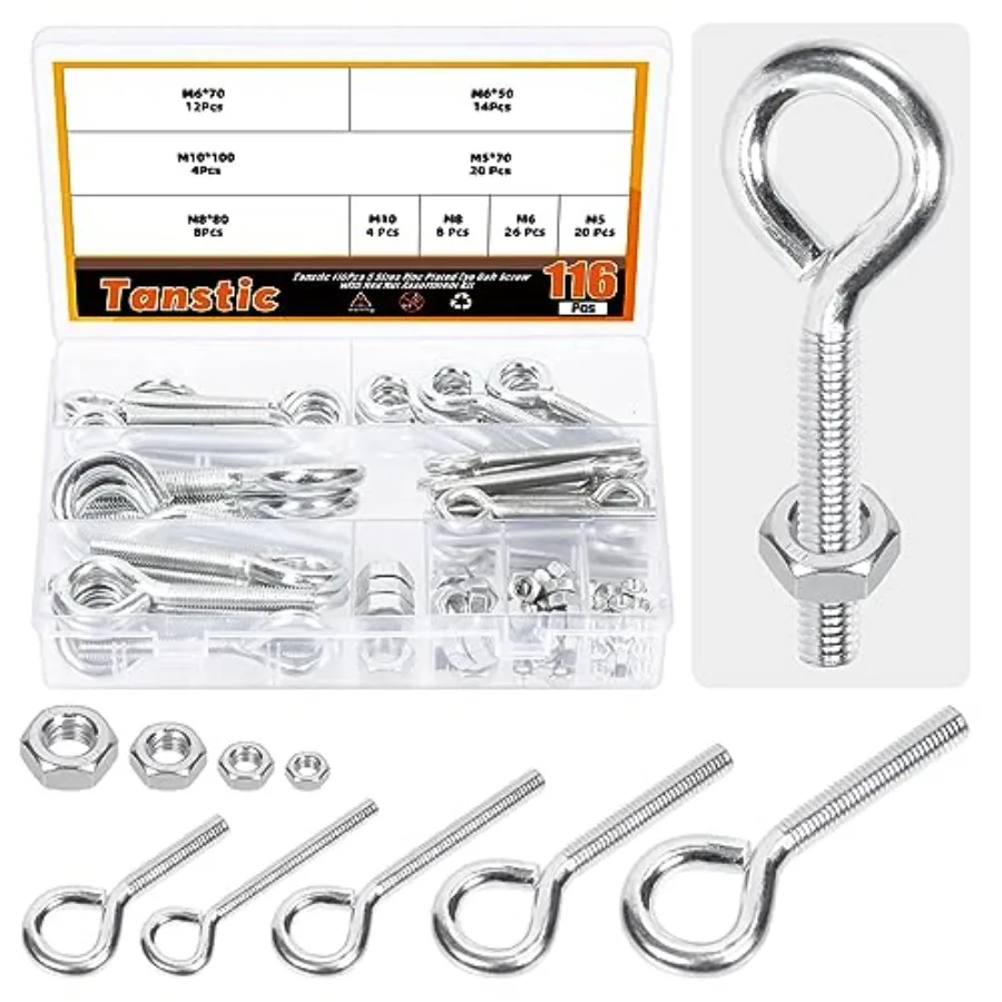 

116Pcs Eye Bolt with Nut Assortment Kit M5 M6 M8 M10 ZiPlated Carbon Steel Eye Hooks Screws Bolts with Hex Nuts