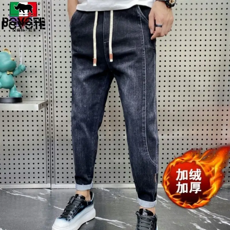 Fashion Luxury Brand Men's Casual Drawstring Baggy Denim JEANS with Spliced Elasticity and Velvet Jeans for Youth Brushed Jeans