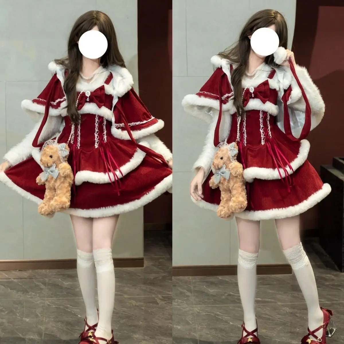 

Japan Kawaii Lolita Dress Sets Women Hooded Shawl Short Jackets Bow Mini Skirt Korean Style Sweet Red Christmas New Year Suit