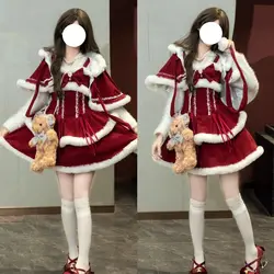 Japan Kawaii Lolita Dress Sets Women Hooded Shawl Short Jackets Bow Mini Skirt Korean Style Sweet Red Christmas New Year Suit