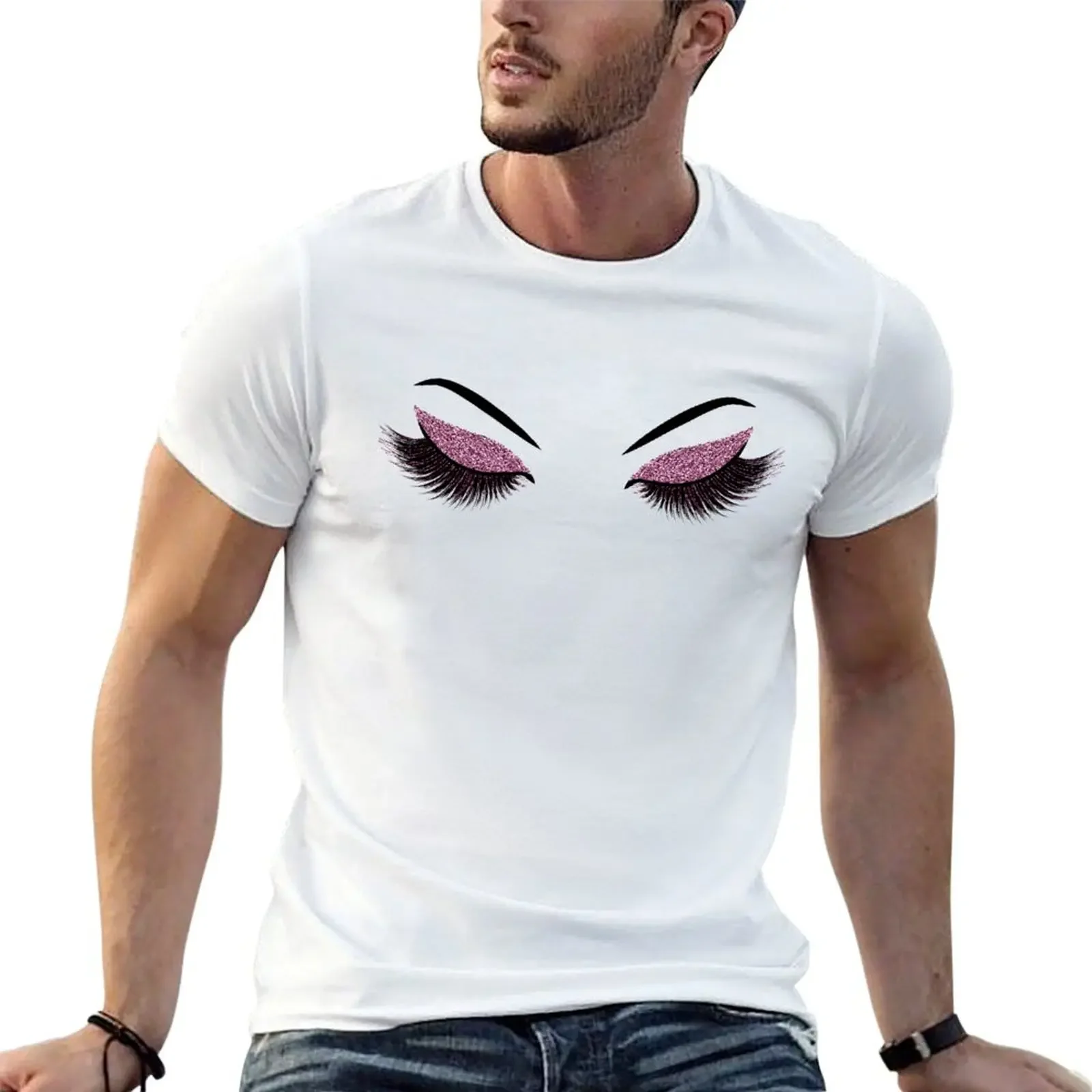 Glittery burgundy lashes illustration T-Shirt Short sleeve tee plain oversized mens fashion