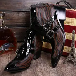 Black Patent Leather Belt Buckles White Brown Zebra Mixed Color Square Heels Ankle Boots Man Height Increasing Short Boots Shoes