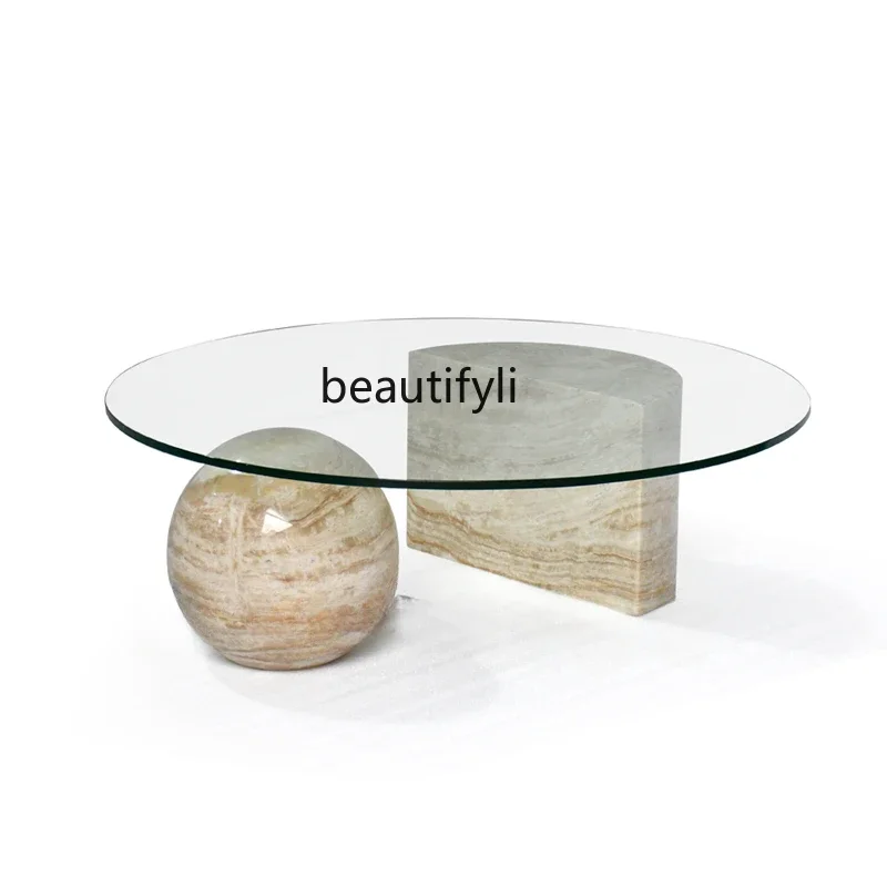 

New Modern simple natural marble round living room sofa coffee table small apartment glass coffee table