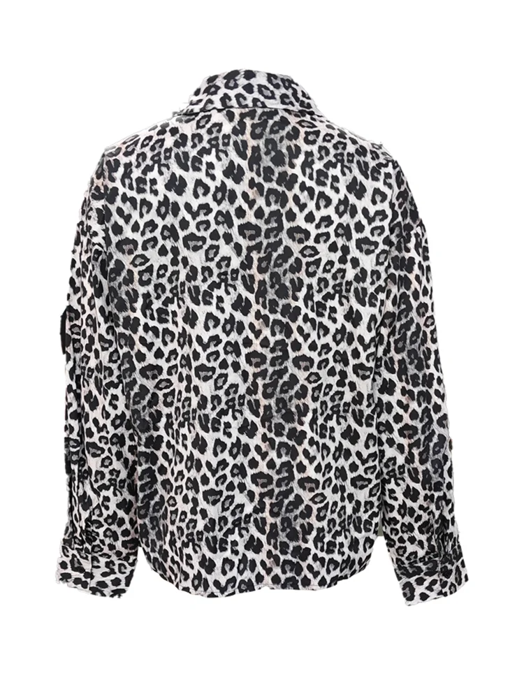 Camisa feminina lapela botão manga comprida estampa leopardo sexy senhora do escritório outono casual topo