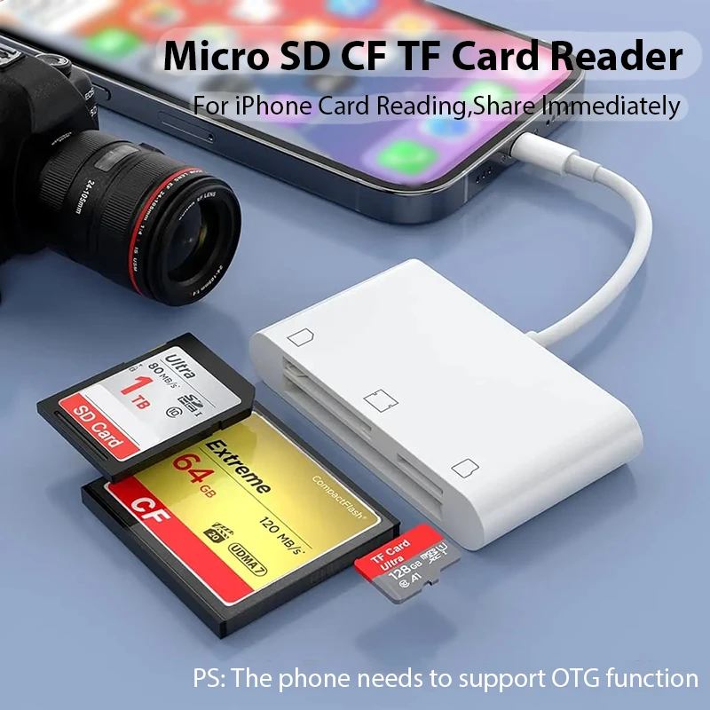3-in-1 Lightning Card Adapter Compatible with SD/TF/CF Cards Plug Play for Apple Devices