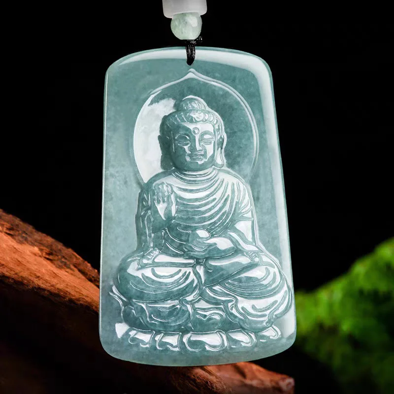 Natural A-grade Jadeite Blue Water Great Sun Tathagata Jade Pendant Zodiac Sheep Monkey Guardian God of Destiny Buddha Jewelry