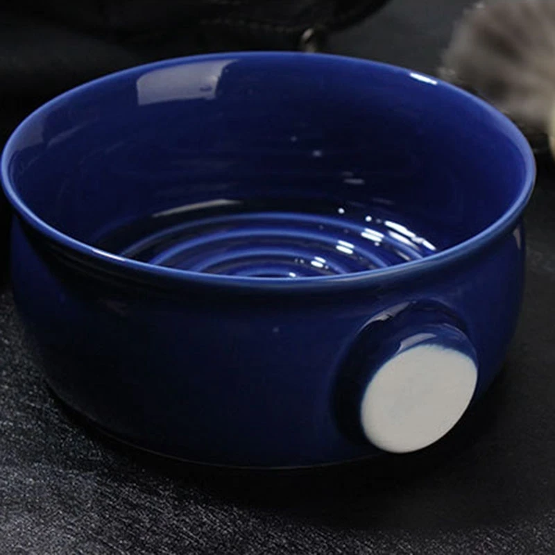 AT17 Ceramic Men's Shaving Mug Bowl Cup Thread Bottom Wide Mouth for Shave Brush and Shaving Soap Royal Blue