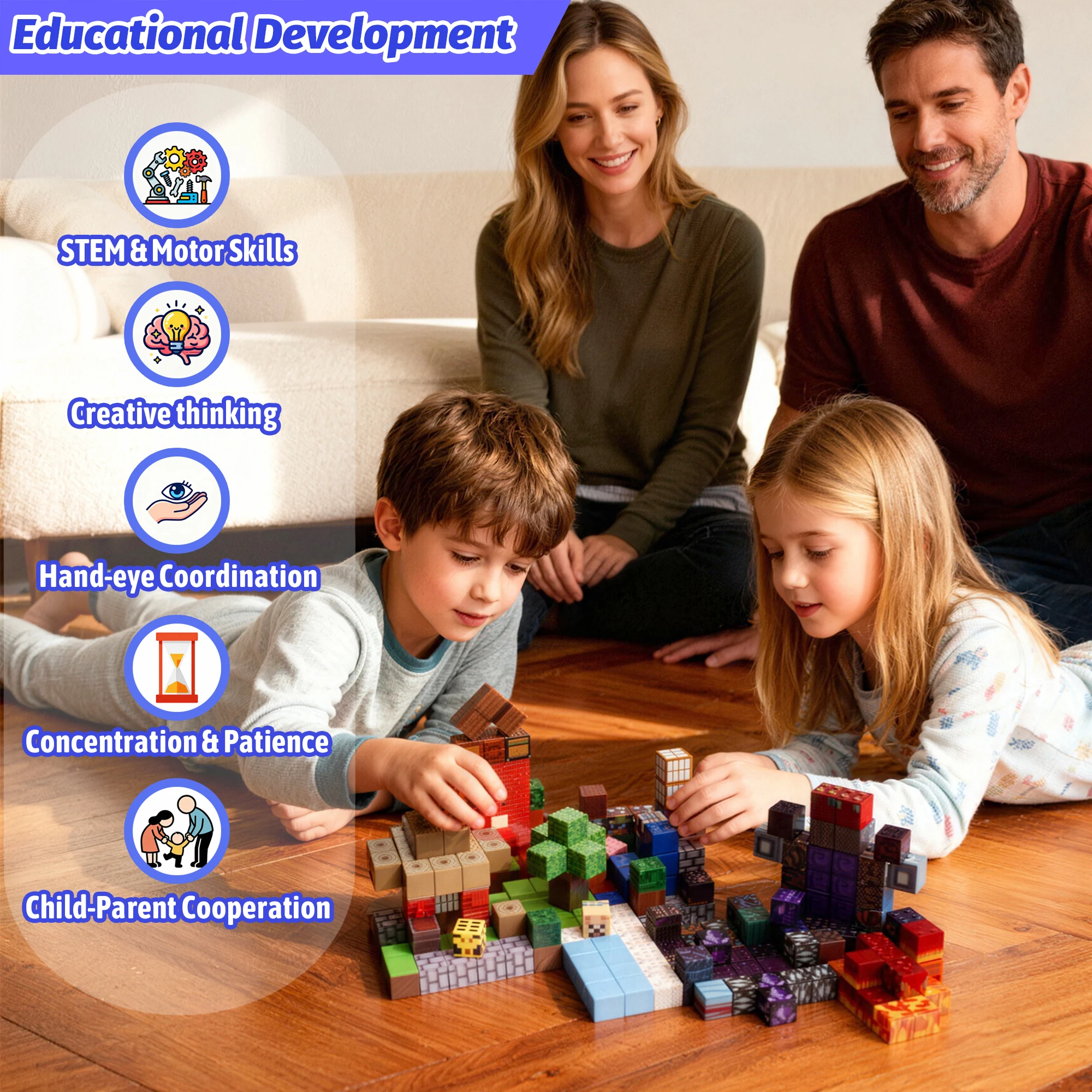 Seis tipos de blocos de construção magnéticos. Série Farm Volcano. Blocos de construção magnéticos DIY livremente. Brinquedos educativos.