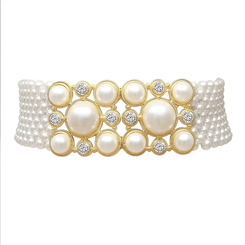 Pearl & Crystal Wide Belt Vintage Western Style Stretch Waist Cincher for Dresses Elegant Sash Corset Belt for Women