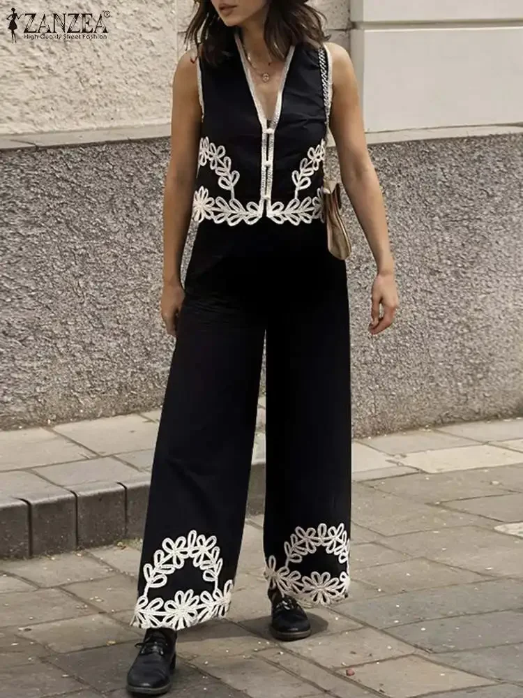 

ZANZEA 2024 Elegant Women 2-Piece Pant Sets with Lace Patchwork Tops and Wide Leg Trousers Outfits Textured Fabric New in Suits