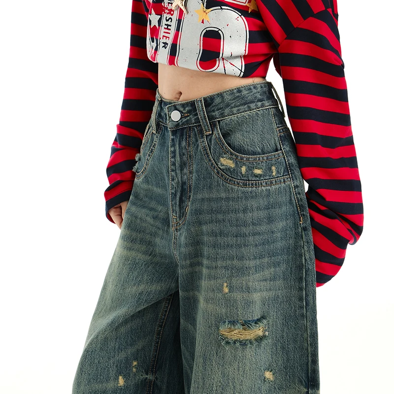 Otoño de 2025 nuevos pantalones vaqueros desgastados vintage para mujer con diseño de cintura alta, piernas largas, ropa de calle, estilo moderno y fresco