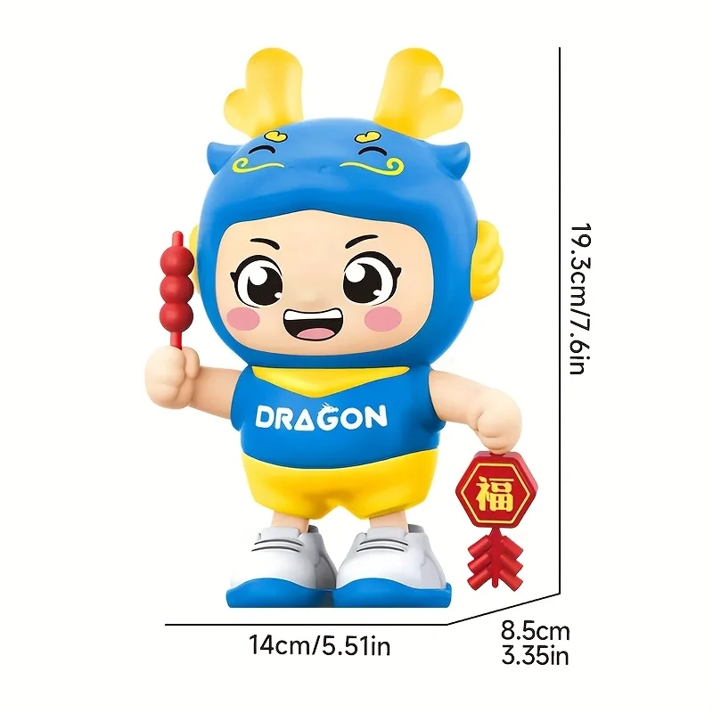 Giocattolo drago animato con luce e musica, mascotte dello zodiaco cinese, decorazione del festival, oggetto per feste per bambini, rosso/blu
