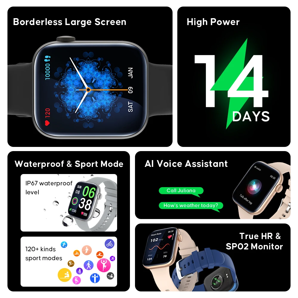 Ainuevo สมาร์ทวอท์ชโทรศัพท์บลูทูธ P45 1.8 "HD สนับสนุนการแสดงผล120 + โหมดกีฬาอัตราการเต้นหัวใจกันน้ำ IP67