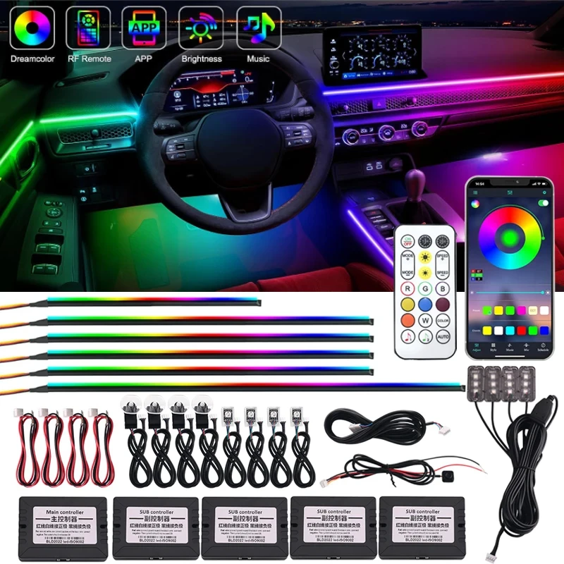 

18 in 1 Symphony Ambient Light Kit for Car Interior Acrylic Guide Fiber Strip 64 Color Decoration Atmosphere Lamp by APP Control