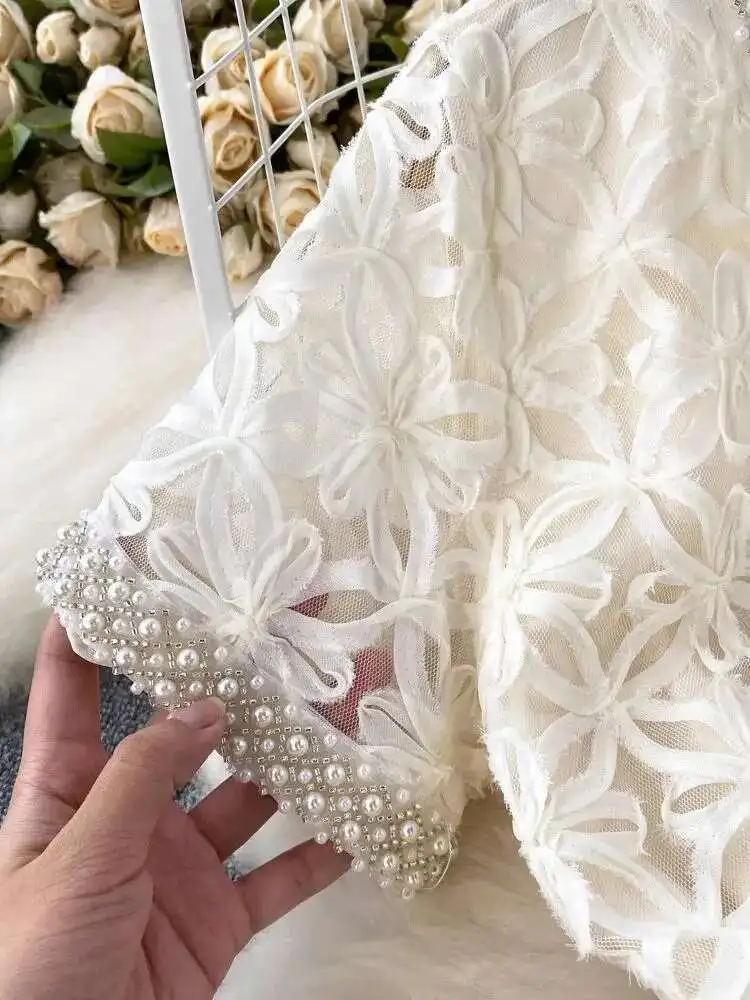 JAMERARY Summer Holiday Diamonds Pearls White Dress Women Short Sleeve 3D Floral Mesh Lace Embroidery Party A Line Vestidos