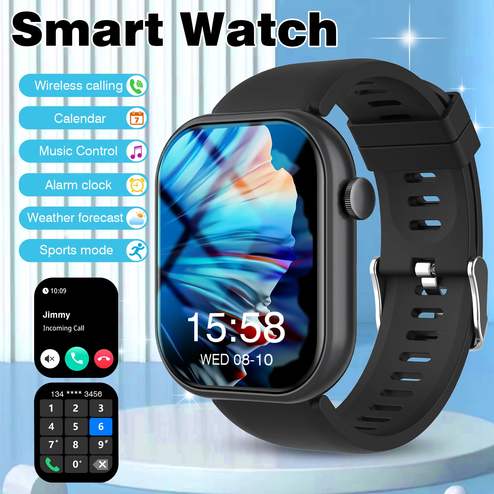 

Смарт-часы с квадратным экраном 2025: беспроводные звонки, управление музыкой и спортивный режим, прогноз погоды с календарем для мужчин и женщин