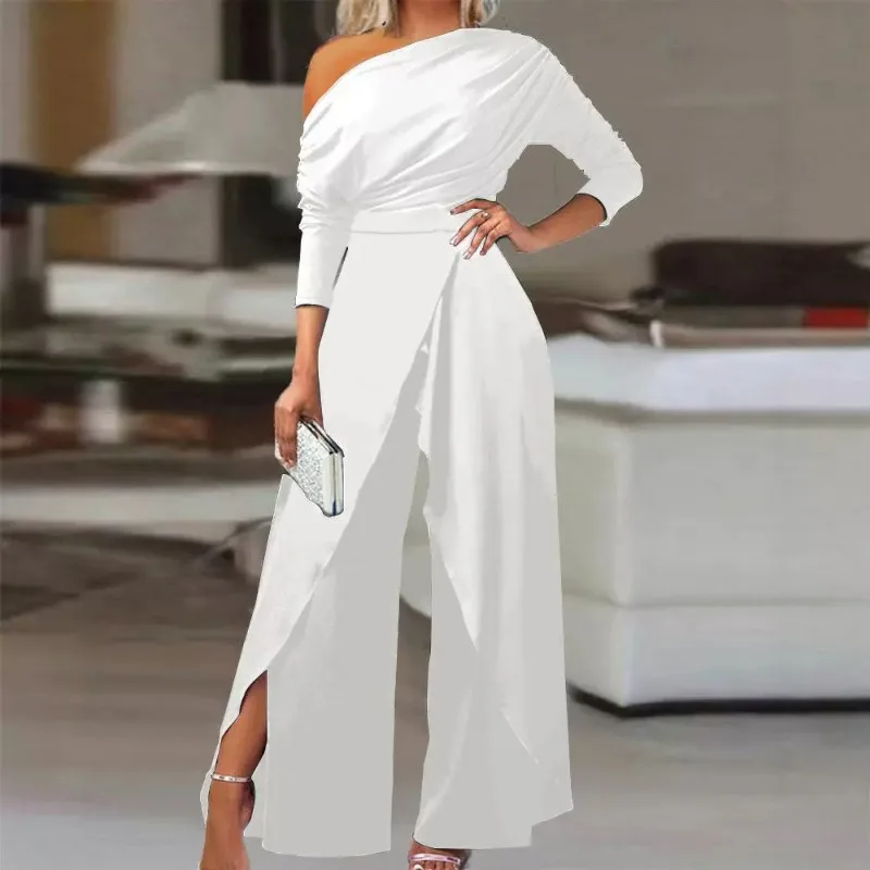 

New Women's Shoulder Party Jumpsuit Spring Summer Long Sleeve Straight Nine-Point Pants Elegant Female Casual Sports Jumpsuit
