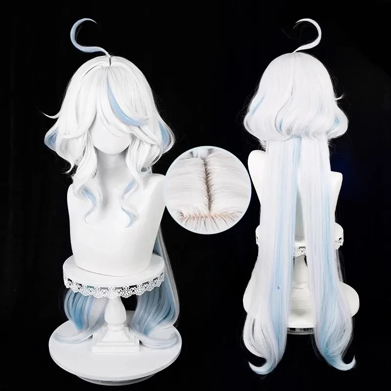 Parrucca cosplay Anime Fontaine Focalors Parrucche lunghe Furina Parrucche da donna ricci bianchi blu Parrucche per capelli resistenti al calore