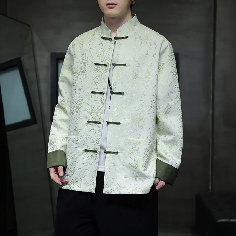 

Новая мужская свободная куртка в стиле ретро-арт с китайской вышивкой бамбуком, на пуговицах, в стиле дзен, верхняя одежда