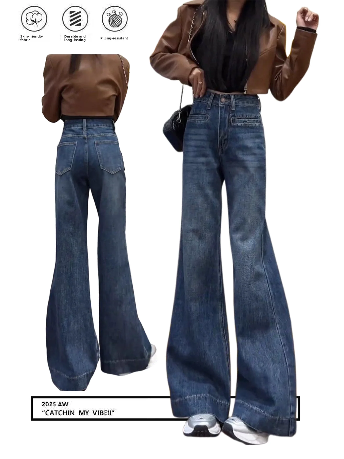 

Retro Blue Thiened Fce High Waist Bell Bot Jeans Women's Autumn Winter New Loose Wide Leg Long Pants Trendy