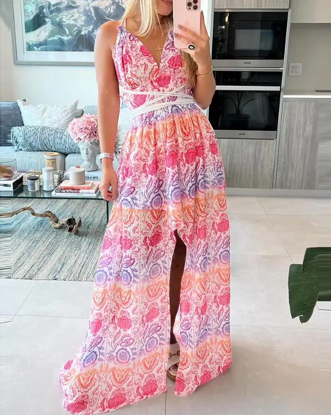 

Flower Pattern Printed V-Neck Strap with Sleeveless Slit Design, Tie Up Waist Long Dress, Summer Fashionable Women's Dress