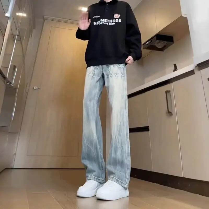 

Потертые джинсы с рисунком молнии, унисекс, микроклеш, ниша, чувство роскоши, прямые длинные брюки в американском стиле