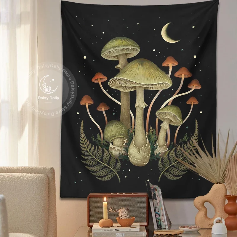 Botanical Mushroom Moom Tapestry Wall Hanging Psychedelic Plant Wildflowers Aesthetic Boho Living Room Home Dorm Decor Cloth