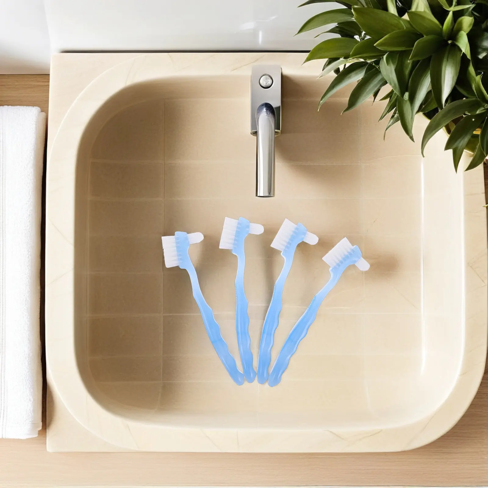 

4Pcs Dual-Headed Denture Toothbrush Double-Sided False Teeth Cleaning Brush for Elderly Patients Soft and Firm Bristles Portable