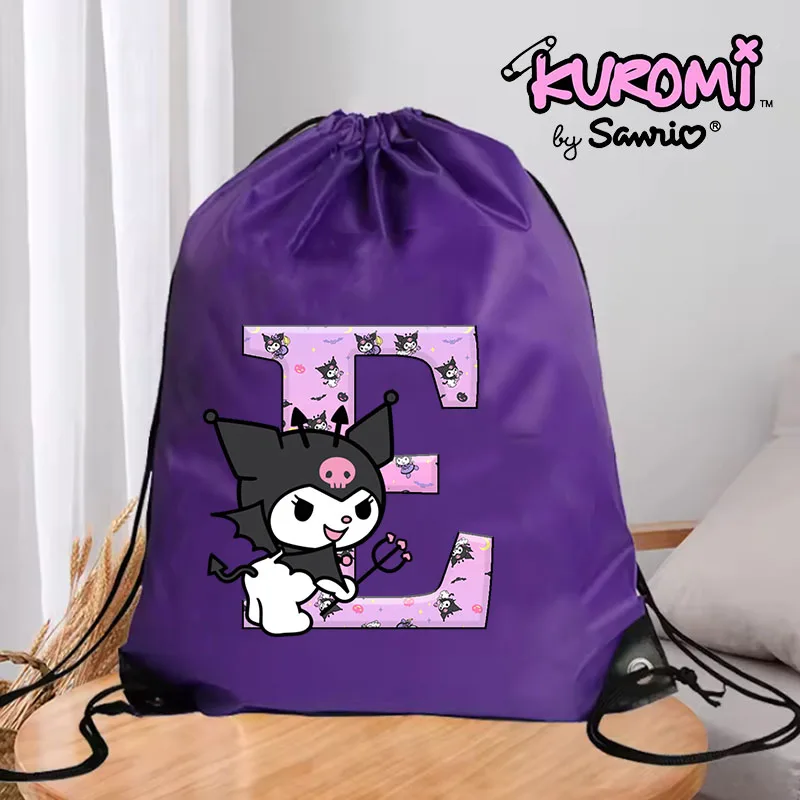 Kuromi Drawstring Bag Boy Girl Cartoon Anime Sports Backpack Large Capacity Waterproof Cycling Pouch Kawaii Gift Bag Shoes Bags