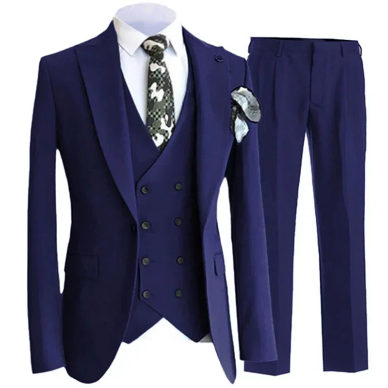 3 Pcs Set Suits Vest Pants / Fashion New Men Casual Boutique Business Pure Color Groom Wedding Hosting Suit Double Breasted Vest