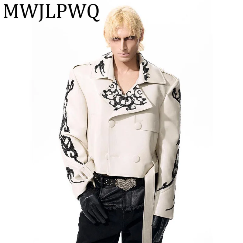

MWJLPWQ Pattern Sequin Short Motorcycle Leather Jacket For Men Autumn Turn-Down Collar High Street Stylish Slimming Tops 12133