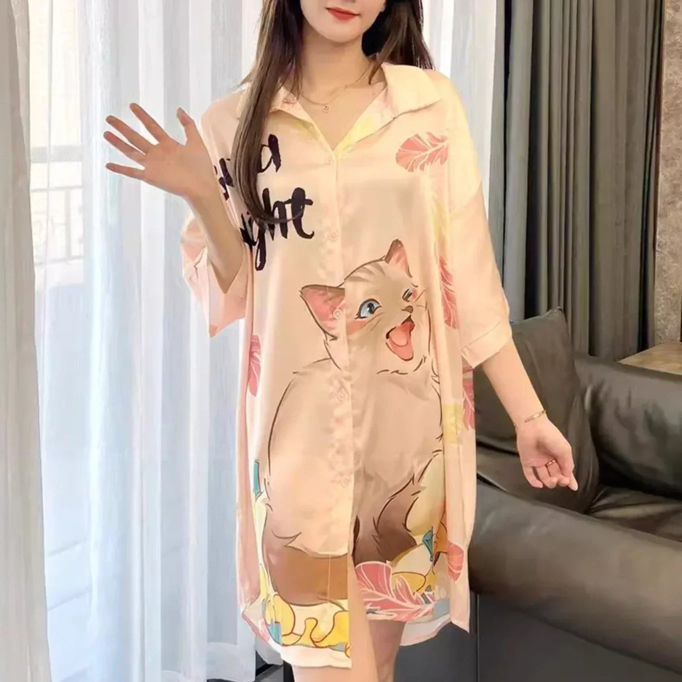 

Summer New Women Short sleeve Ice Silk Sleep Dress Nightgown Plus Size 3XL Pajamas Shirt Fashion Sundress Loose Home Clothes