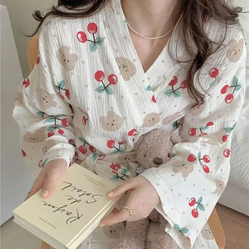 Full Sleeve Pajamas for Women Spring Autumn Pajama Cherry Flower Printed Cute Sweet Long Loose Bathrobe Cute V-neck Nifgtdress