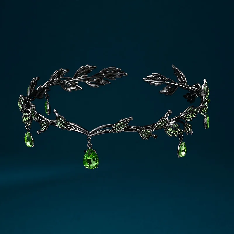 Vintage Gun Black Emerald Rose Green Fairy Crown Tiara Crystal Leaf Elf Tiara Bandana Hair Accessories for Women Costume Jewelry