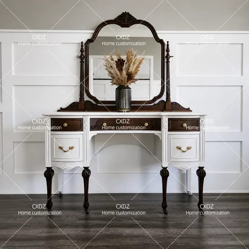 French retro solid wood dresser villa bedroom two-color carved desk with mirror American light luxury storage dressing table