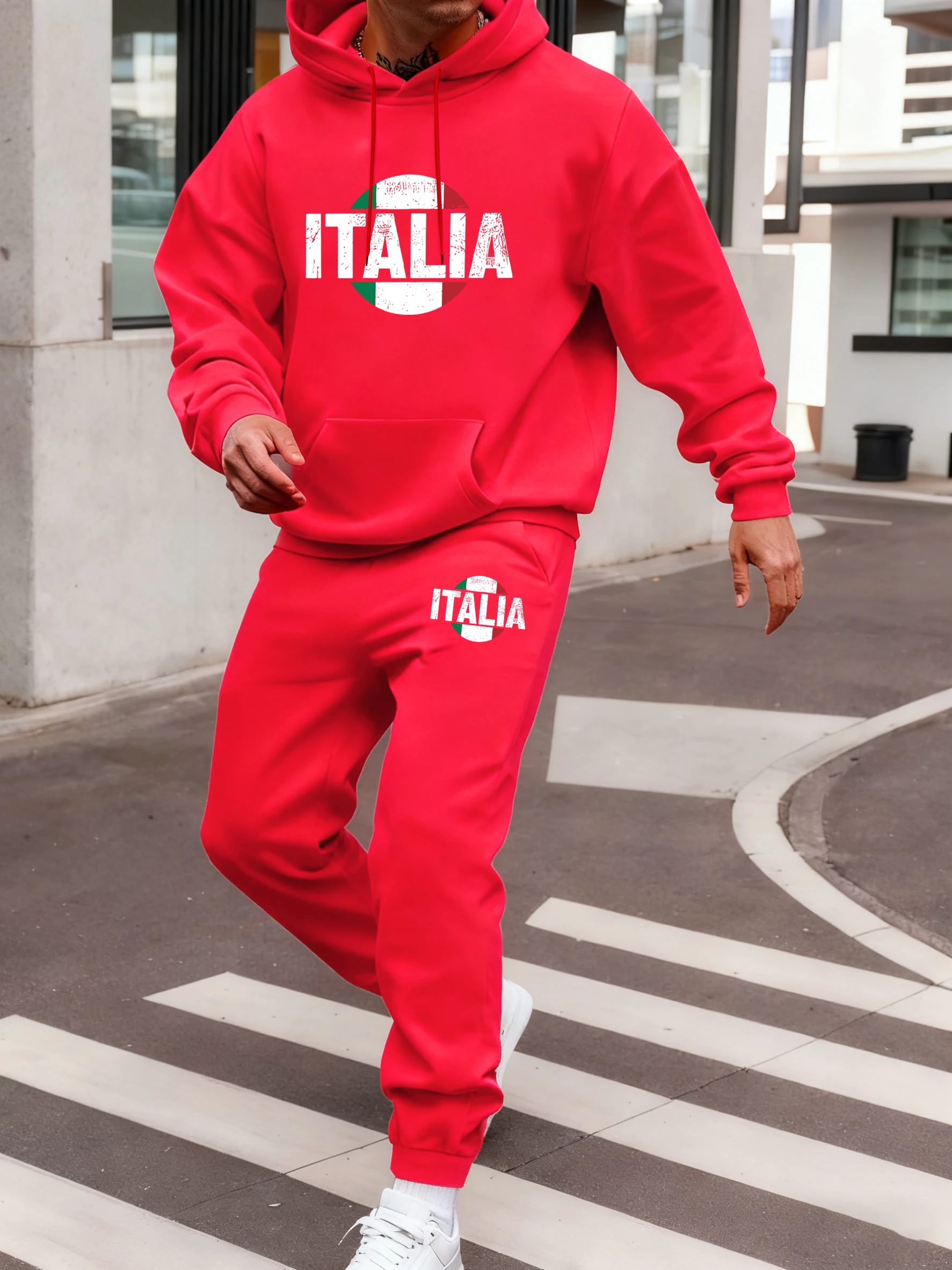 이탈리아 레터 크리에이티브 패턴 후디 세트 남성용 플리스 가을 조깅 세트 올매치 포켓 팬츠 스포츠 편안한 의류 세트