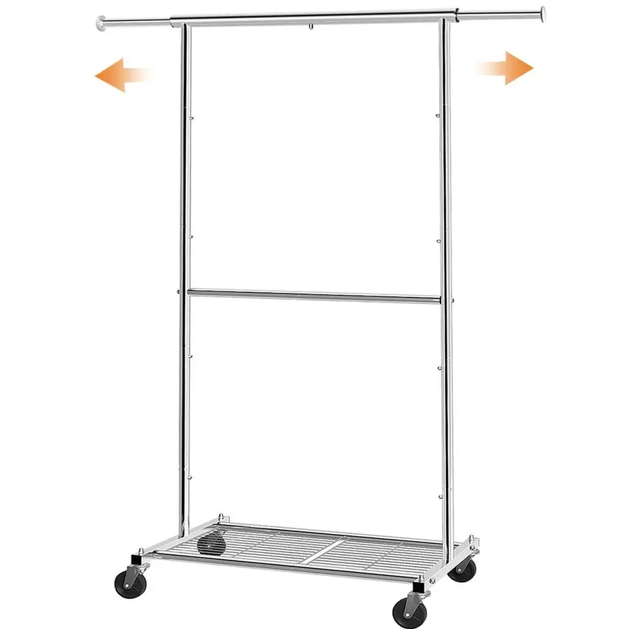 

Standard Clothing Garment Rack, Rolling Clothes Organizer with Wheels and Bottom Shelves, Extendable, Chrome