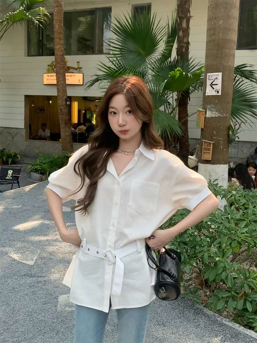 Casual White Long Sve Women's irt Waist Belt Design Autumn Commute irt Medium Length Pure Color  Collar Button Clo...