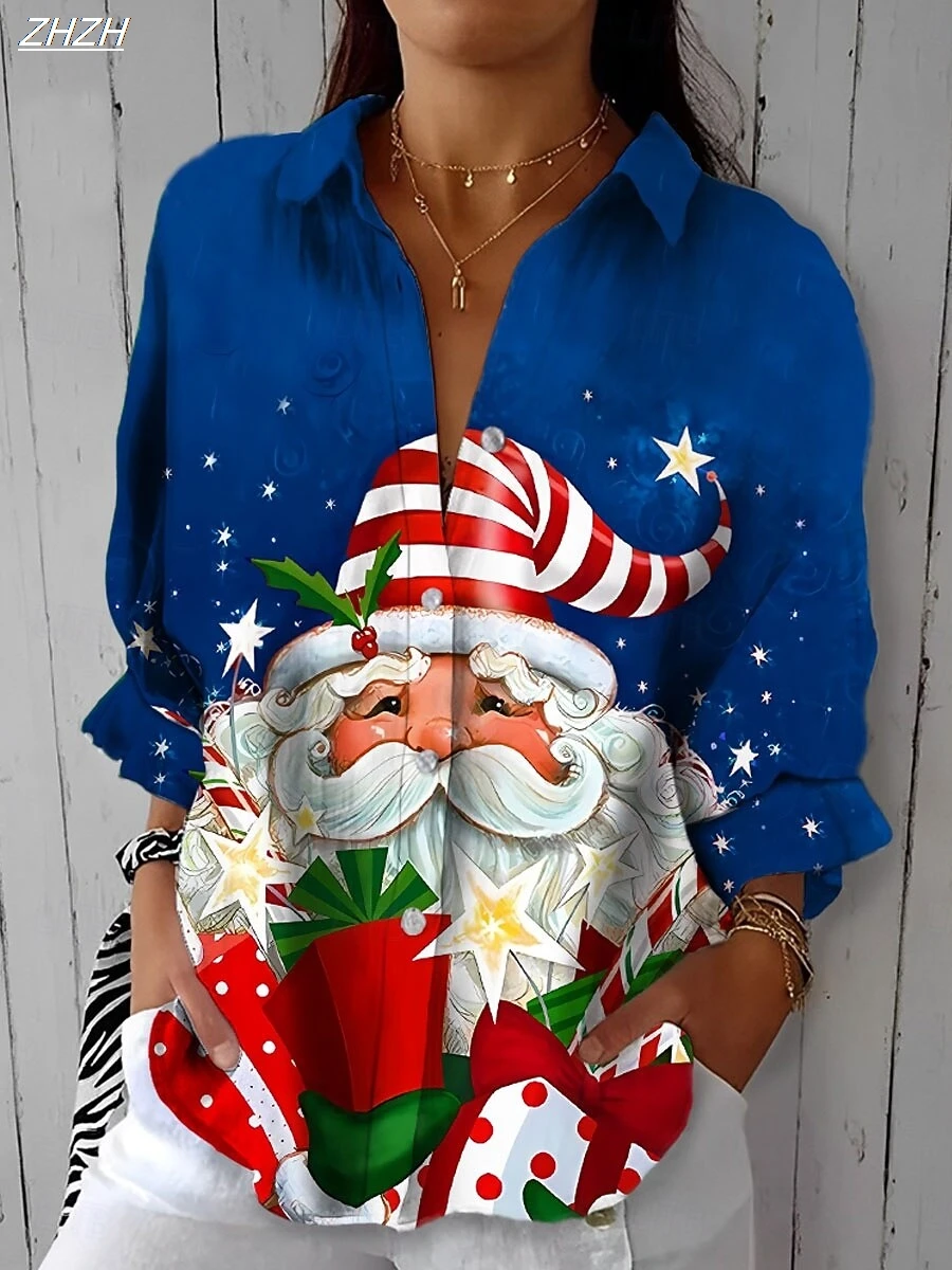 レディース 2025 長袖シャツ、ポリエステル混紡スリムフィット、クリスマスサンタグラフィックカジュアルデイリーウェア、春秋ブラウストップス