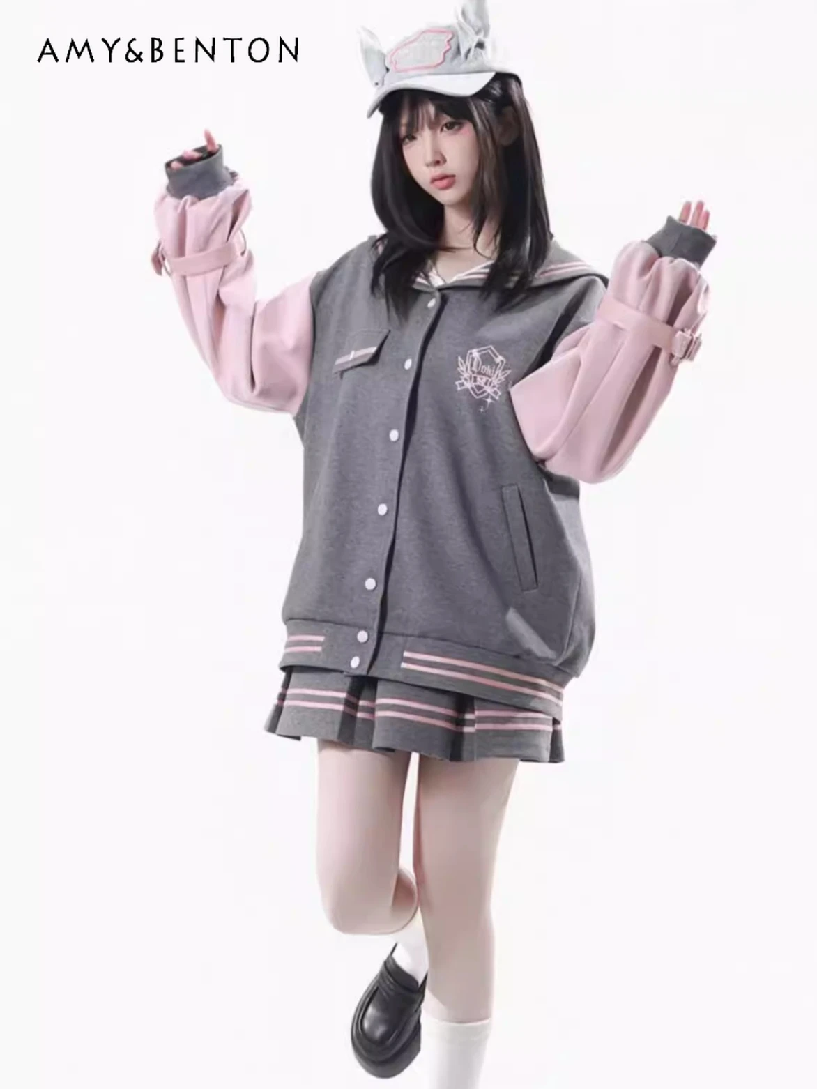 

College Style Pink and Gray Patchwork Baseball Jacket Sets Spring Sweet Cool Oversized Jacket Pleated Skirt Casual Long Pants